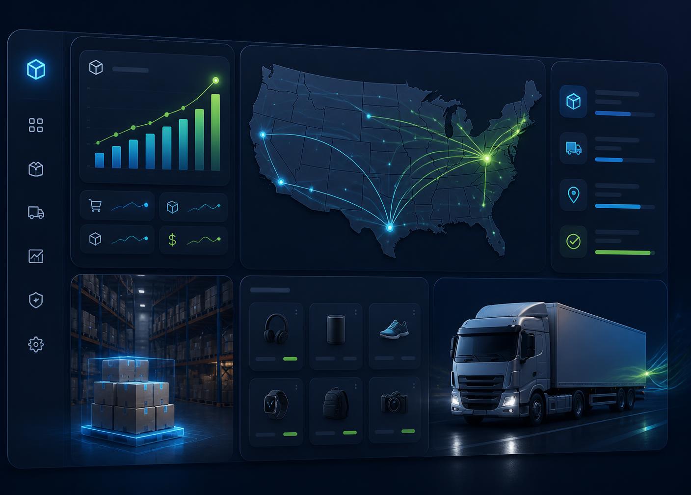 NexoraOrbit Drop warehouse dashboard showing US shipping routes, live order analytics, and same-day fulfillment